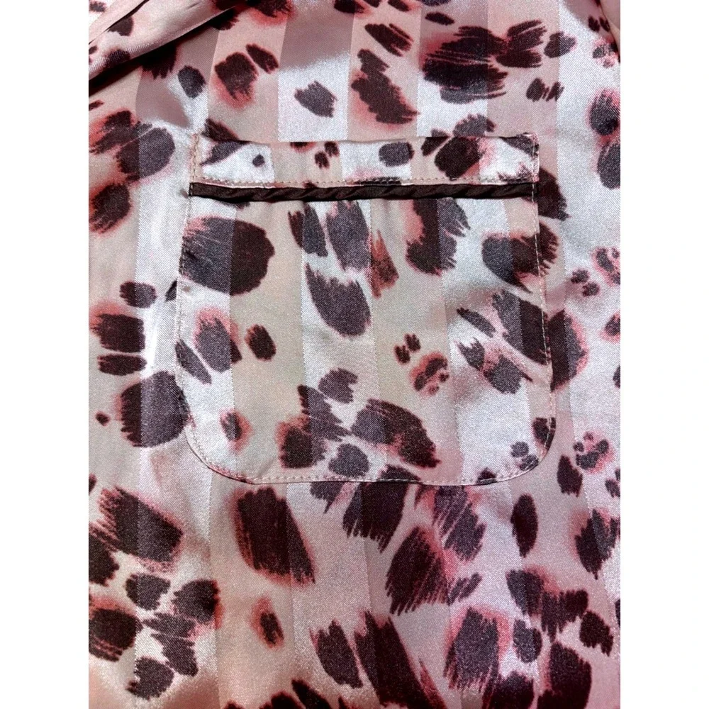 Como Sleep Womens Pink Leopard Striped Satin Pajama Pant Set Button Front Size M